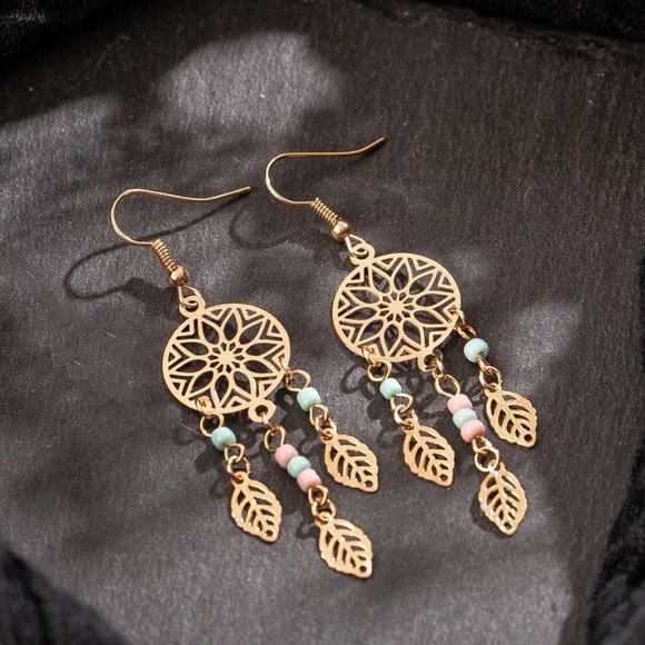Gold Pink Mint Beaded Leaf Dream Catcher Earrings - Picture 3 of 4
